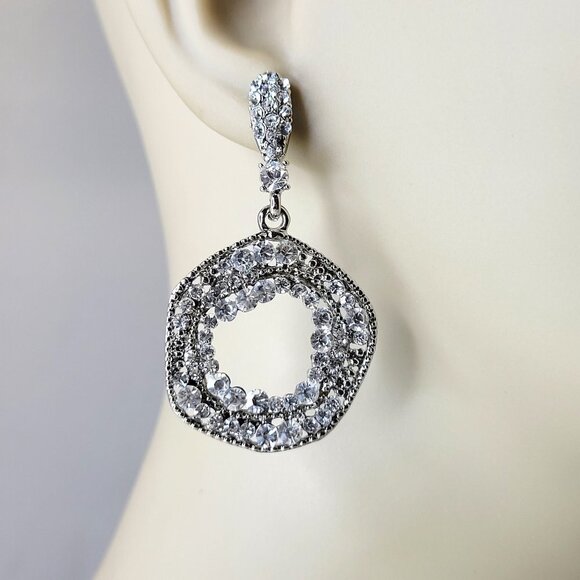 Silver Tone rhinestone Round Circular Earrings - Picture 1 of 11